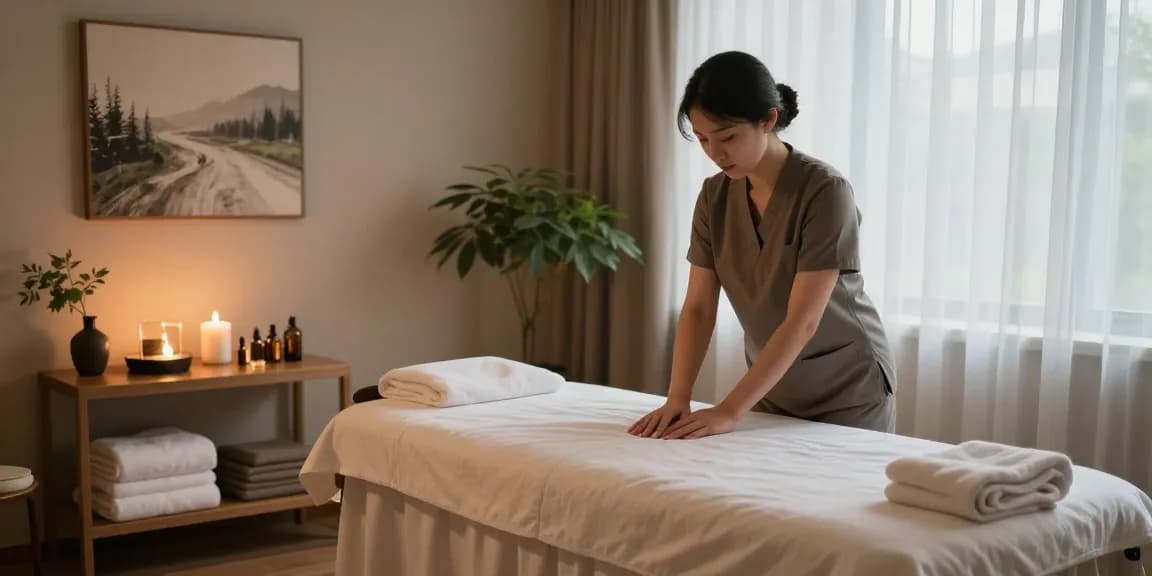 마사지 테라피를 위한 아늑한 스파 룸의 모습, 편안한 분위기와 자연광으로 휴식을 제공합니다.