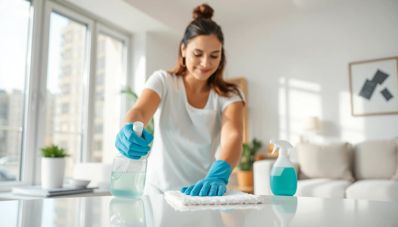 Engaging in bond cleaning, a professional cleaner showcases reliable service in a bright apartment.
