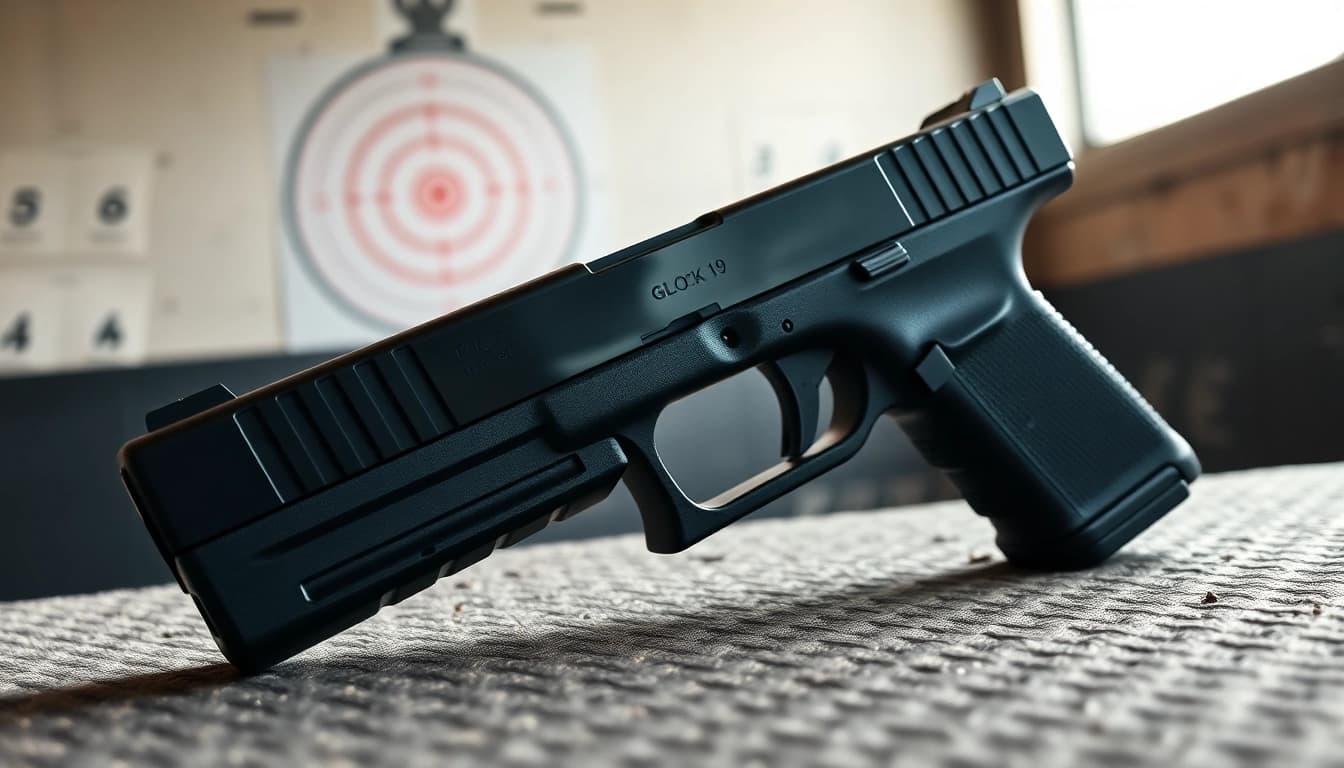 Showcasing a glock 19 slide with tactical details in a serene shooting range setting.
