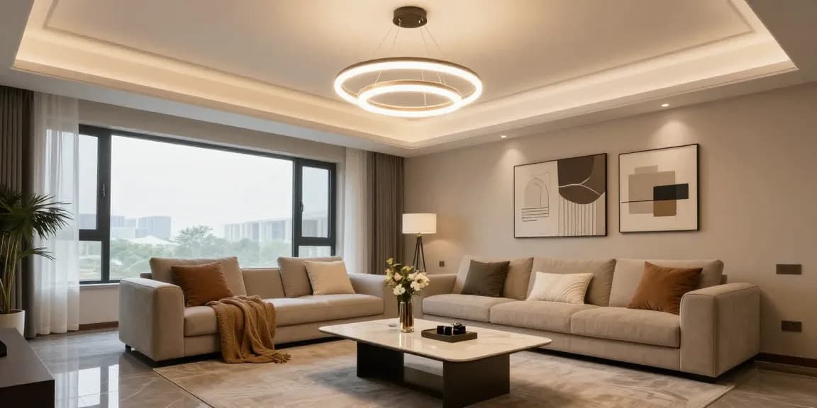 Lustre LED elegante în camera de zi modernă cu iluminare ambientală.