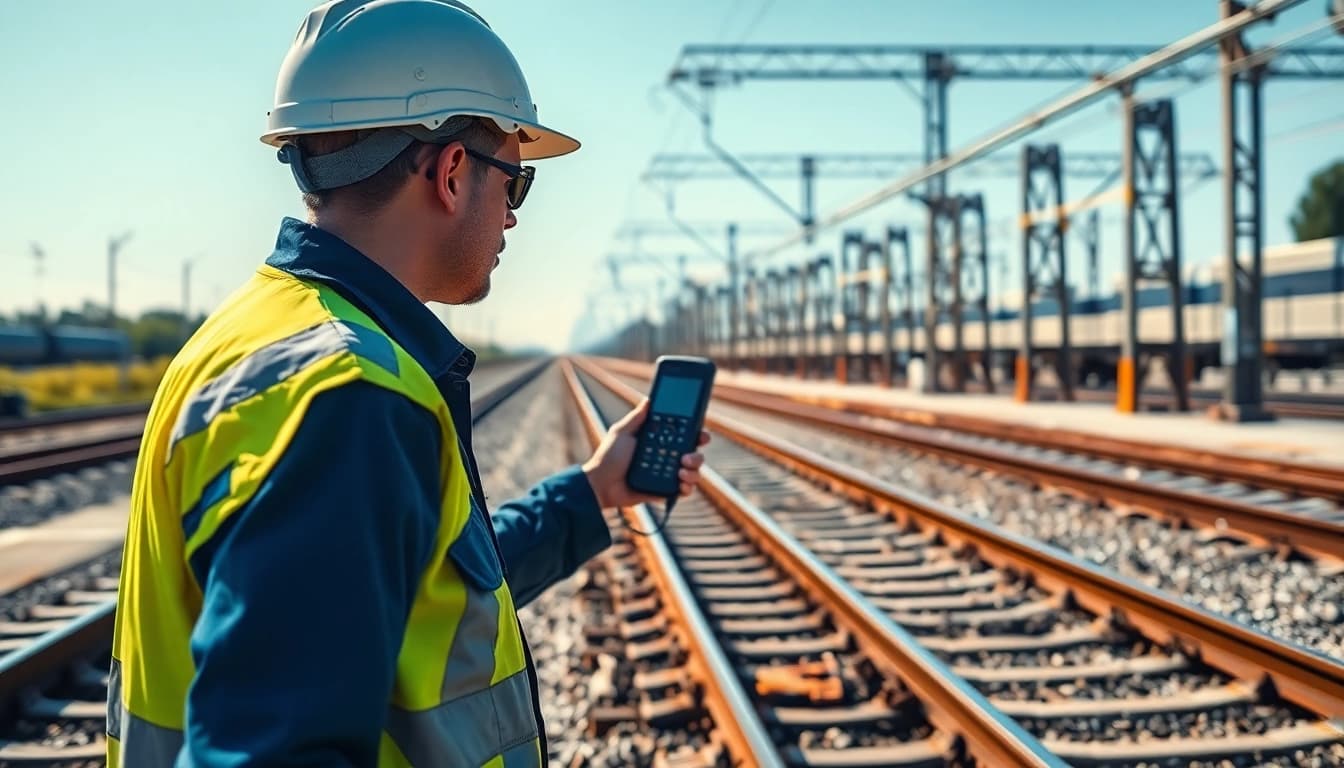 Track Inspection engineer using advanced technology during railway maintenance.