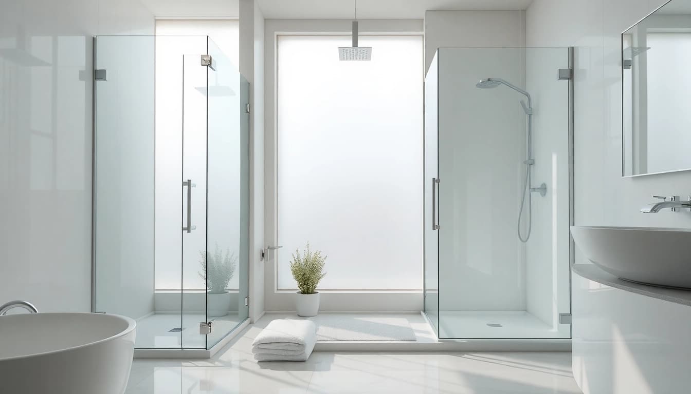Stylish elegant showers with modern glass enclosures and a minimalistic bathroom design