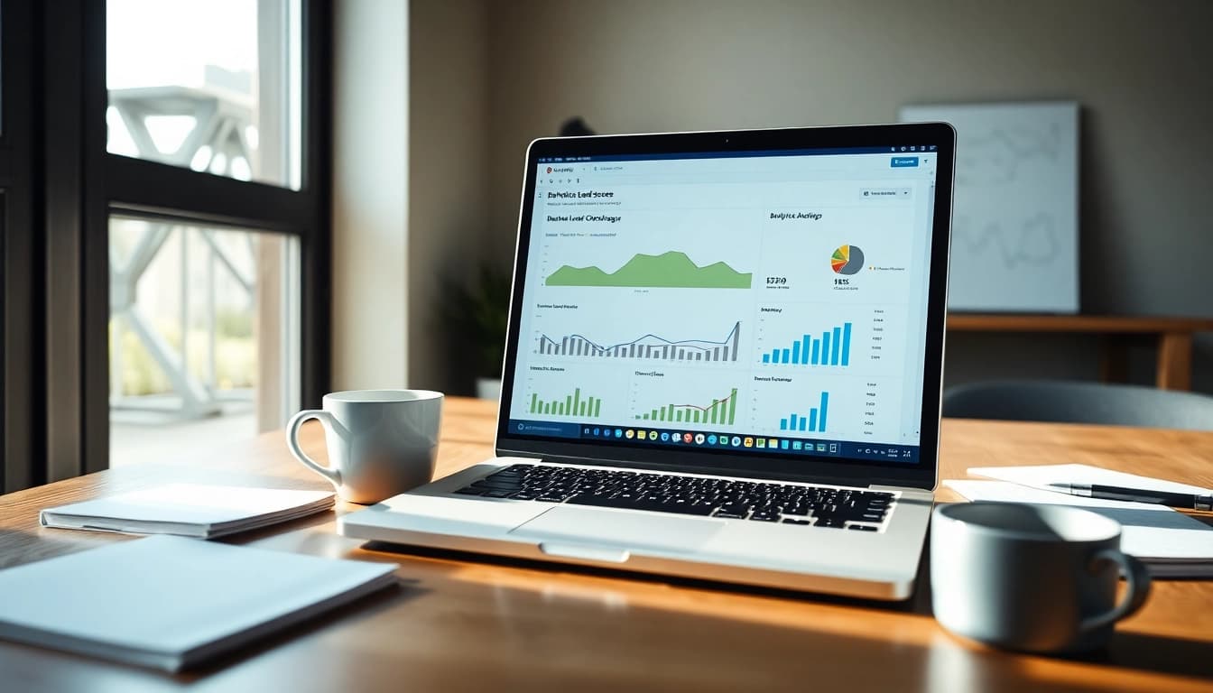 Illustration of a productive workspace featuring a behavioral lead scoring website dashboard highlighting marketing analytics.