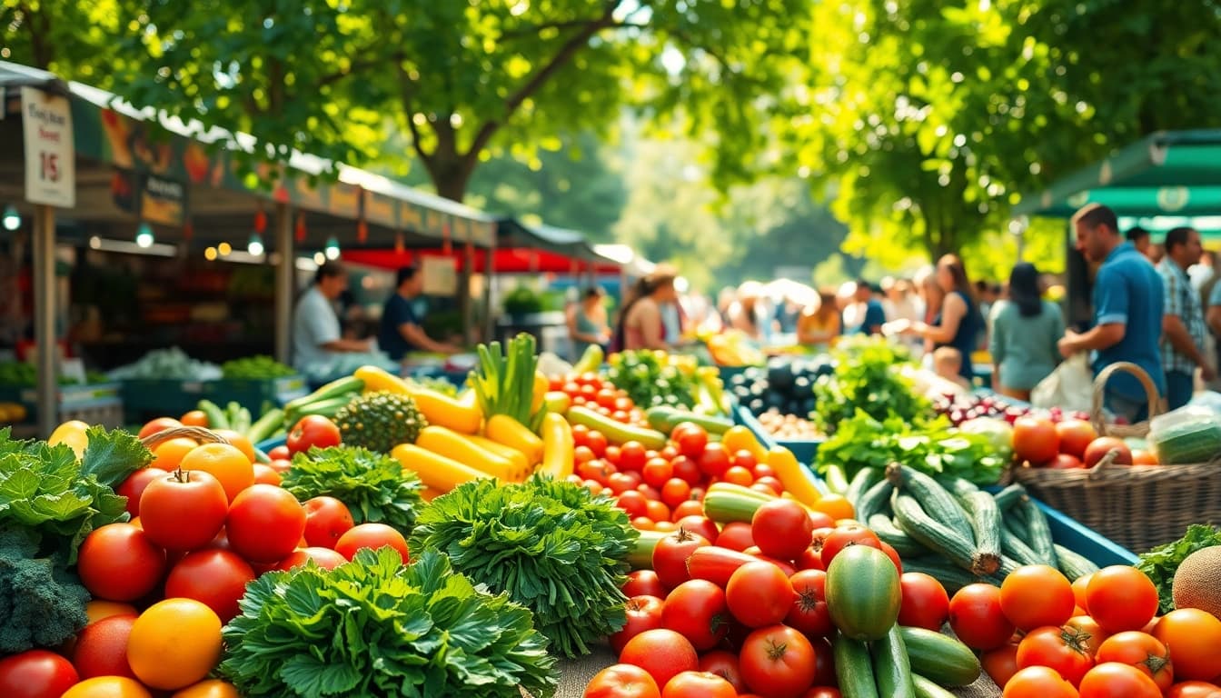 Promote a Healthy Life with vibrant organic fruits and vegetables at a farmer's market.