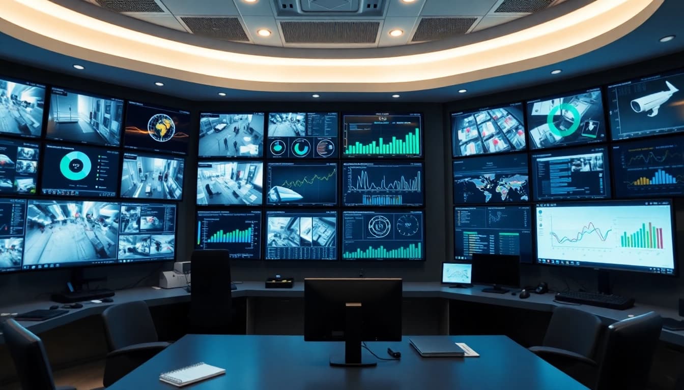 Analyze real-time data with advanced CCTV analytics software in a high-tech control room.