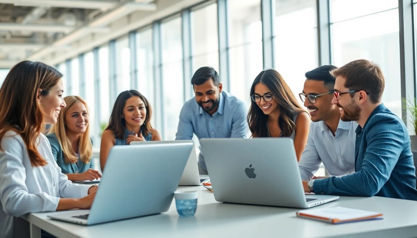 Sales professionals engaging with agentic sales software in a collaborative office environment.