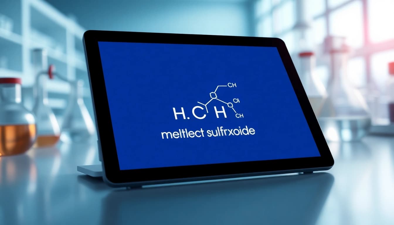 Visual of dimethyl sulfoxide analysis setup in a bright laboratory with digital displays.