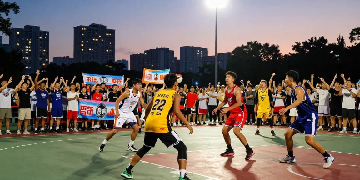 The outdoor basketball game in action at dusk, capturing community excitement around the 88daysdocumentary.