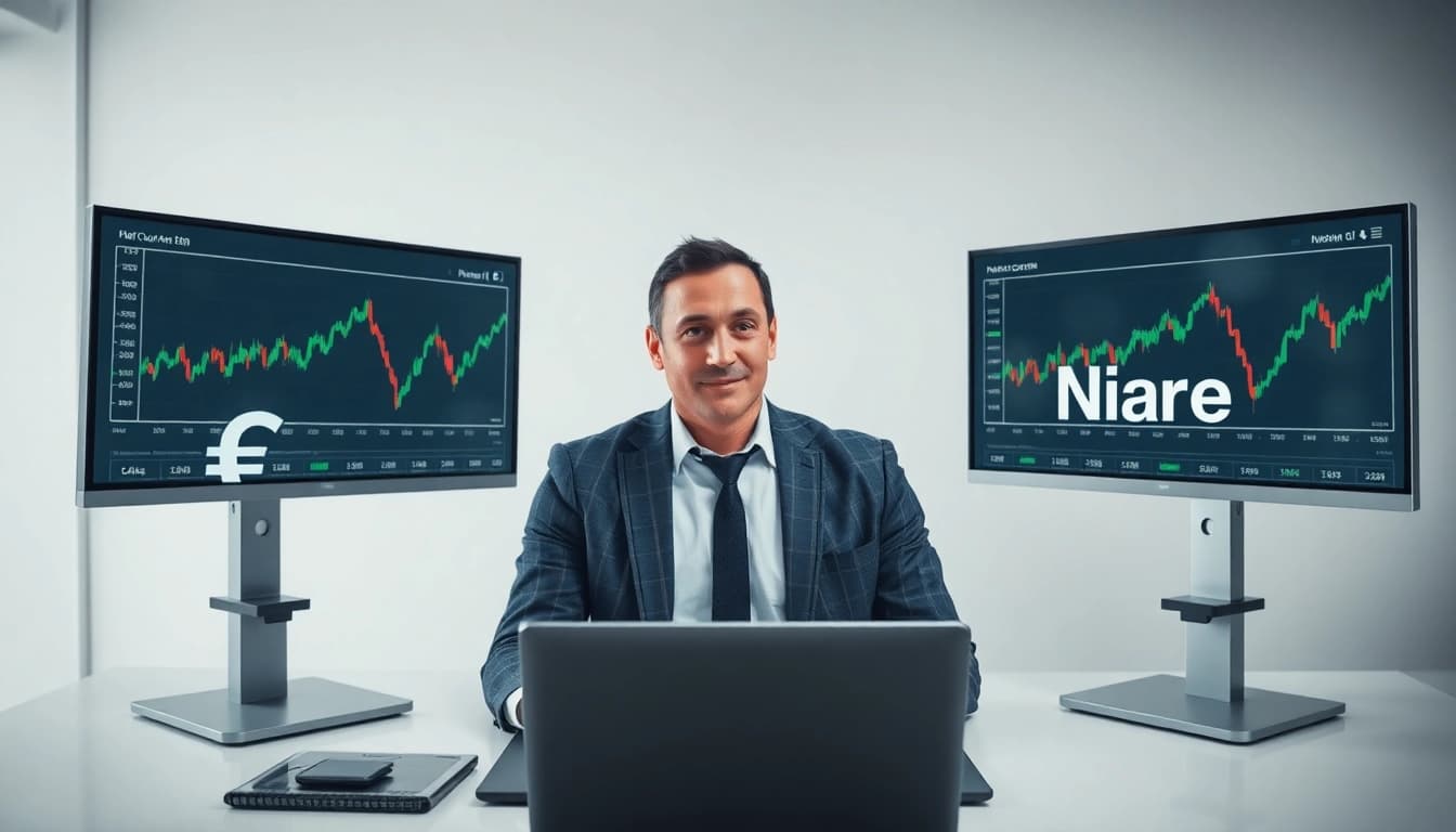 Visualize Euro to naira exchange rate analysis with a focused analyst and currency graphs.