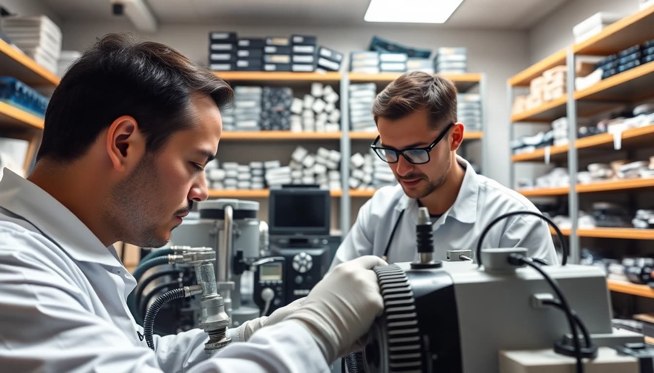Riparazione Biolife con tecnici al lavoro in un laboratorio di riparazione di dispositivi medici.