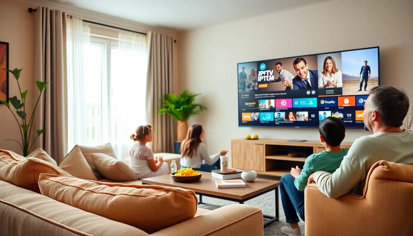 Family enjoying entertainment with iptv Canada in a cozy living room setup.