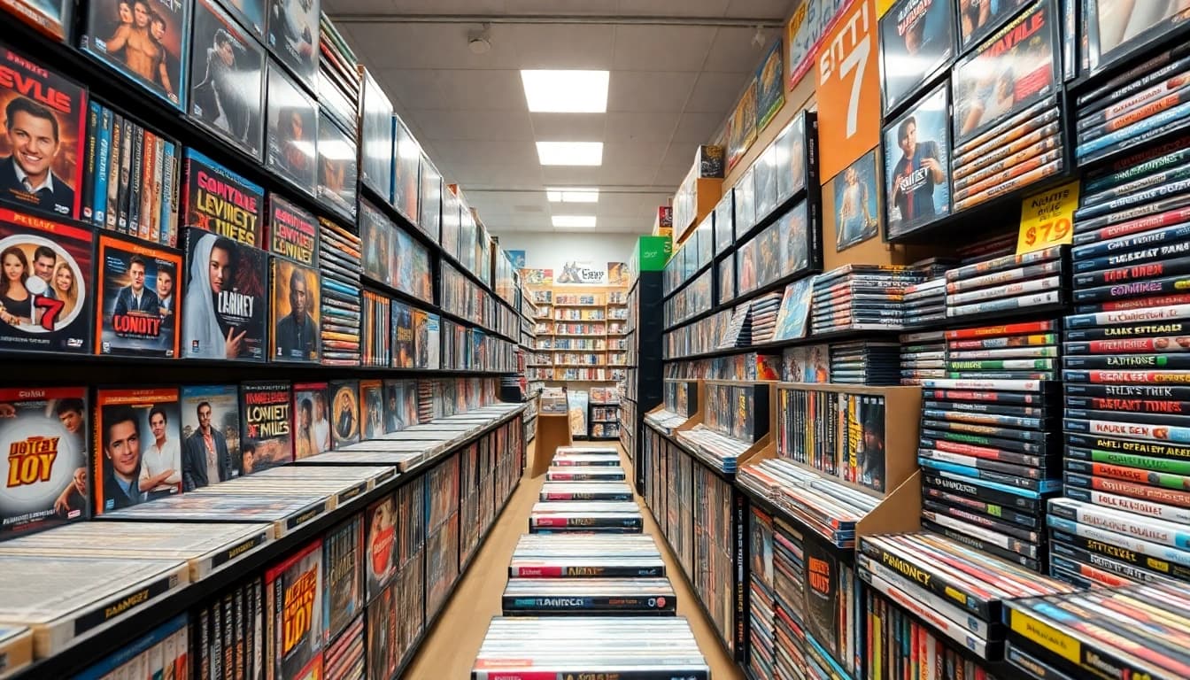Browse a colorful collection of wholesale DVDs arranged in an inviting store setup.