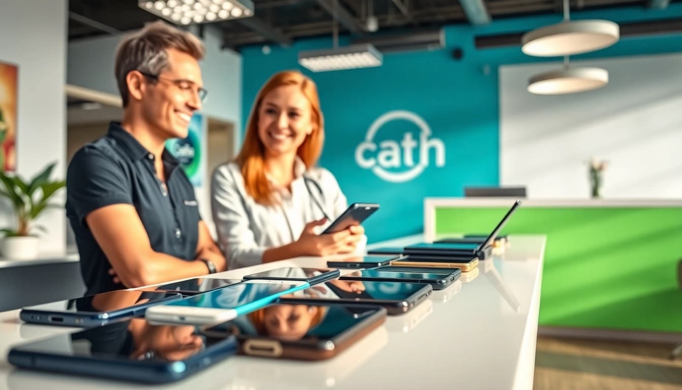 Cash for phones Alexander AR service with customer interaction in a modern office.