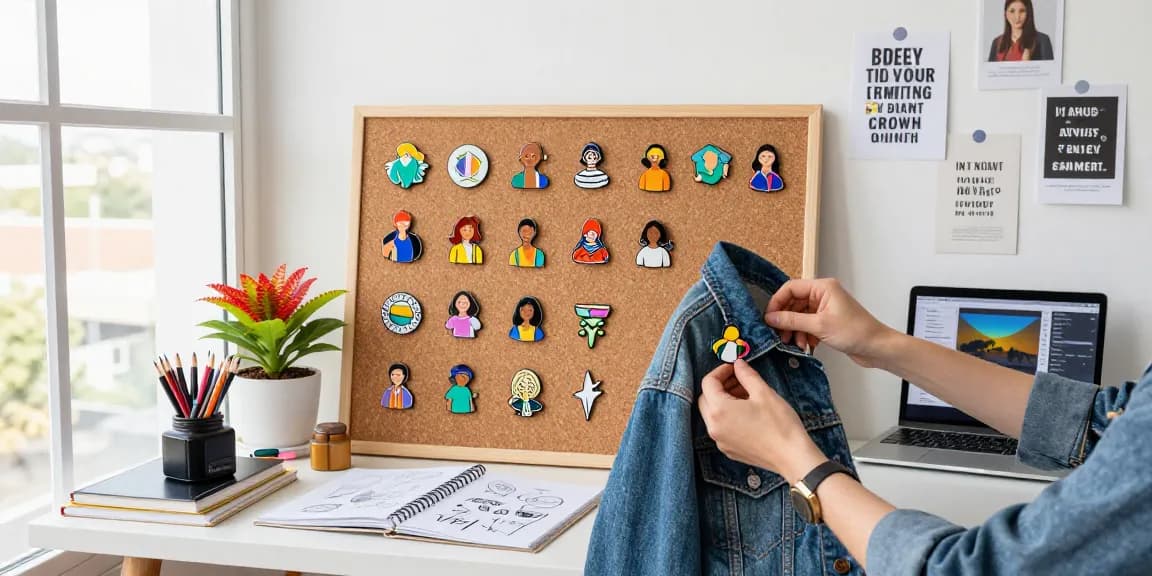 Custom acrylic pins displayed on a corkboard in a creative workspace setting, highlighting vibrant colours and artistic expression.
