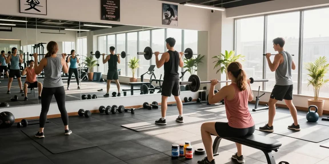 Women and men working out in a vibrant gym, showcasing Medi Pharma Steroids supplements on benches, emphasizing a health and fitness lifestyle.