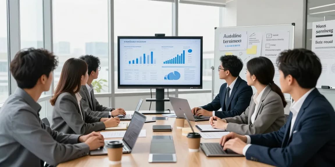 Audit Services in Dubai meeting showcasing professionals reviewing financial analytics and compliance.