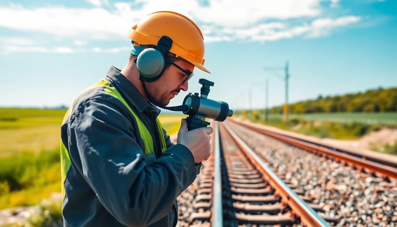 Track Inspection technician evaluating railway tracks using advanced tools in a natural setting.