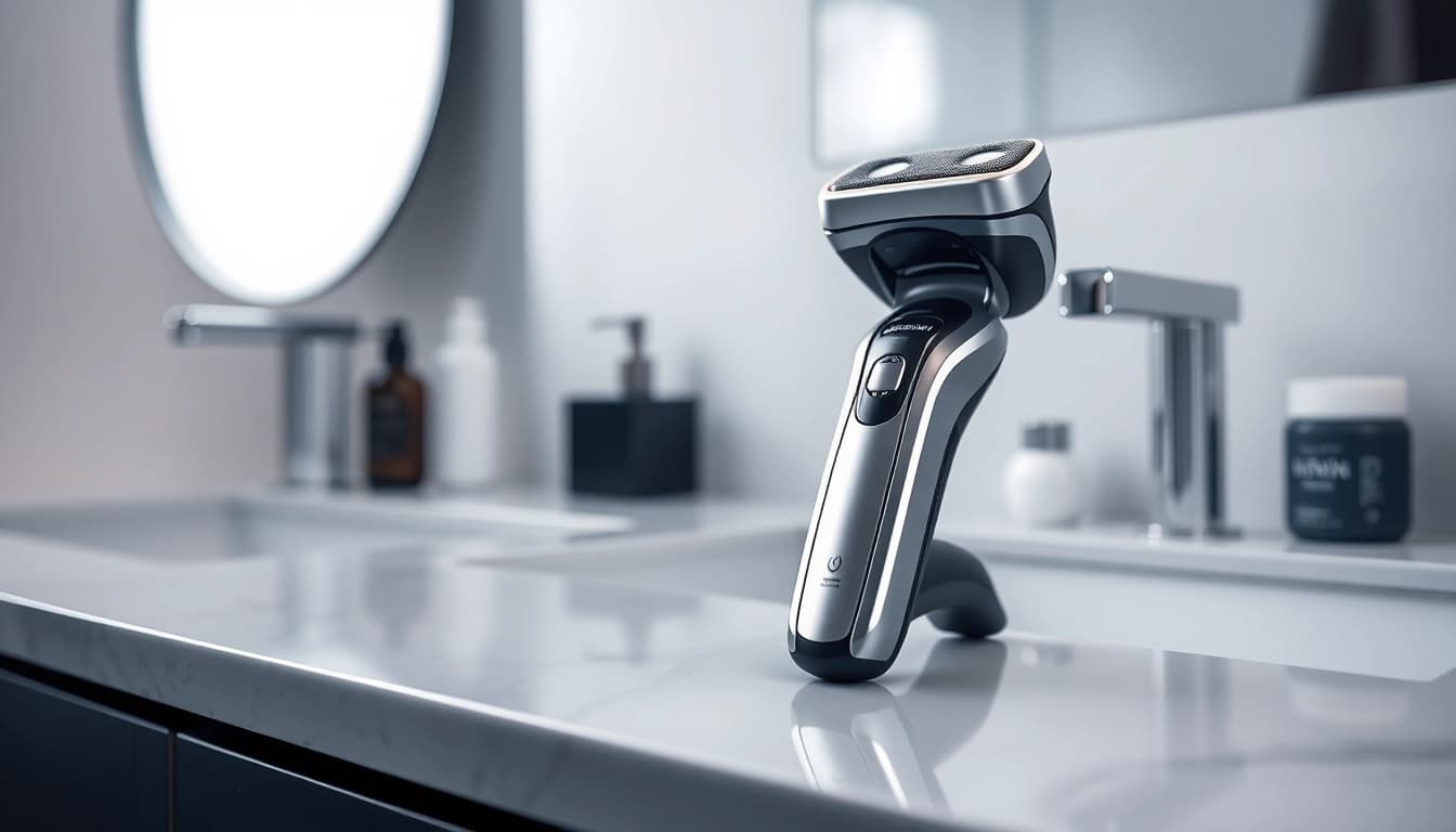 Using an electric foil shaver for a smooth grooming experience on a sleek countertop.