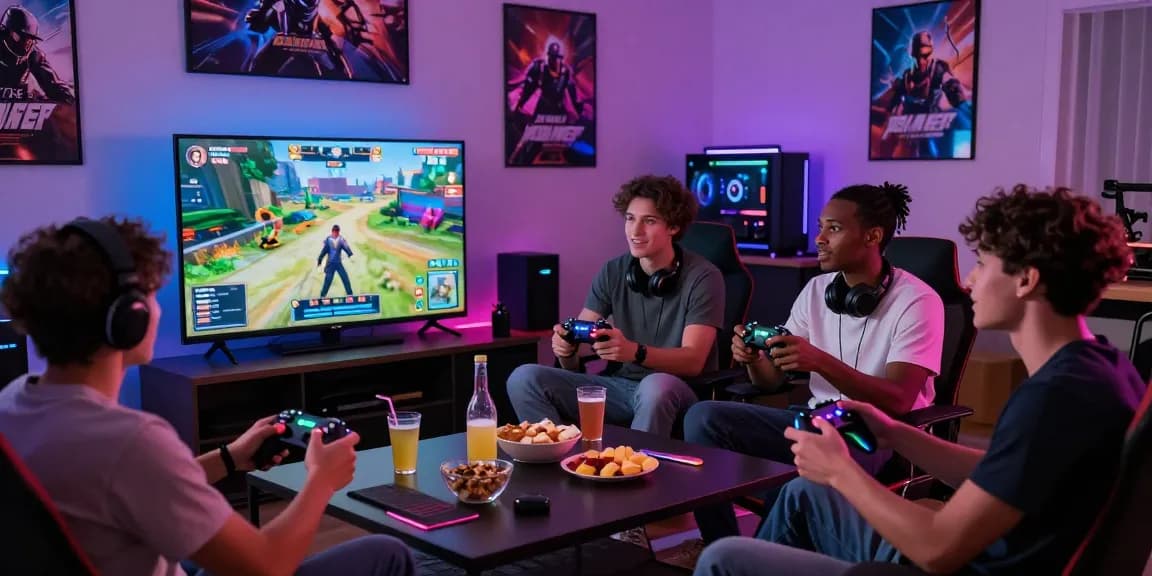 Friends enjoying a gaming session on mantra88 platform with vibrant LED lights and snacks.