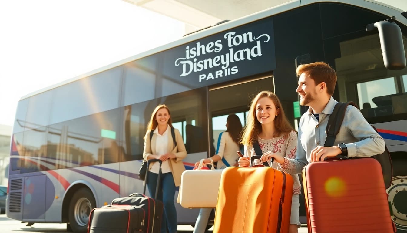 Effortlessly boarding a shuttle for disneyland paris transfers at a sunny airport, showcasing joyful travel.