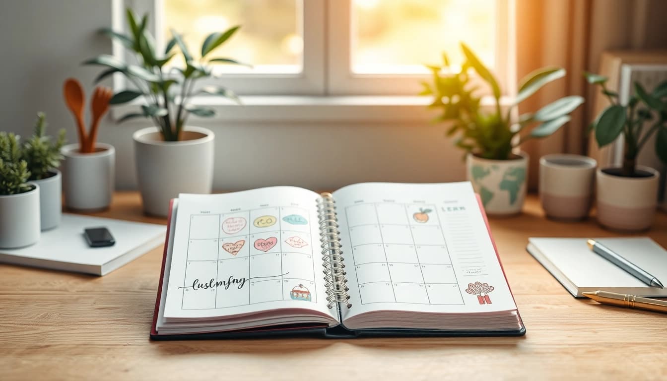 Creating Custom Monthly Planners displayed on a beautifully arranged desk with natural lighting.
