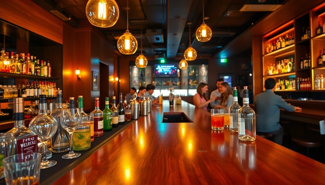 Serving exquisite drinks at the vibrant Bar with a stylish wooden counter and inviting ambiance.