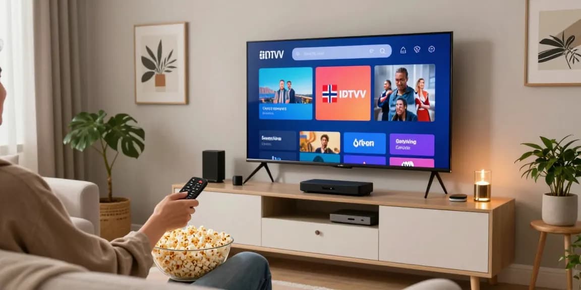 Enjoying IPTV Norway on a large TV in a cozy living room atmosphere.