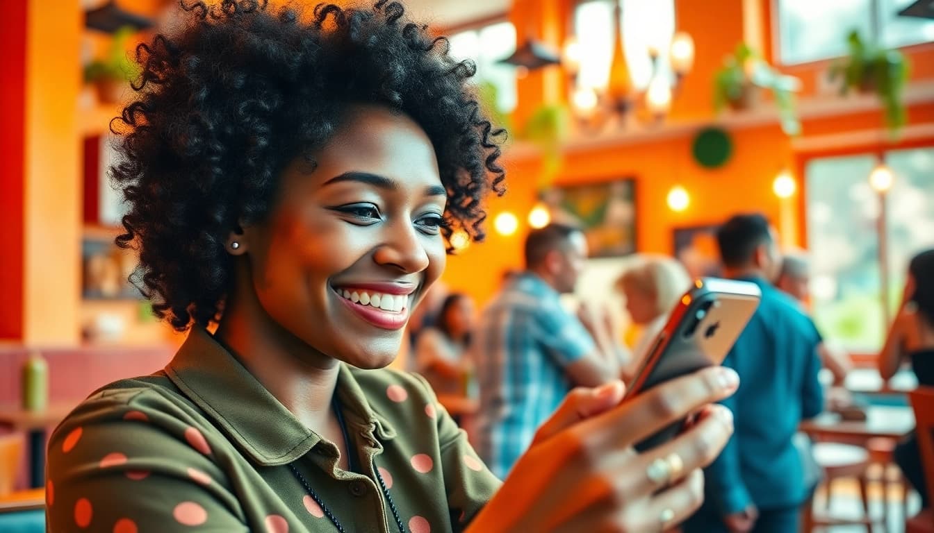 フォロワー日本人購入TikTokフォロワー購を使う若い人が明るいカフェで楽しむ様子