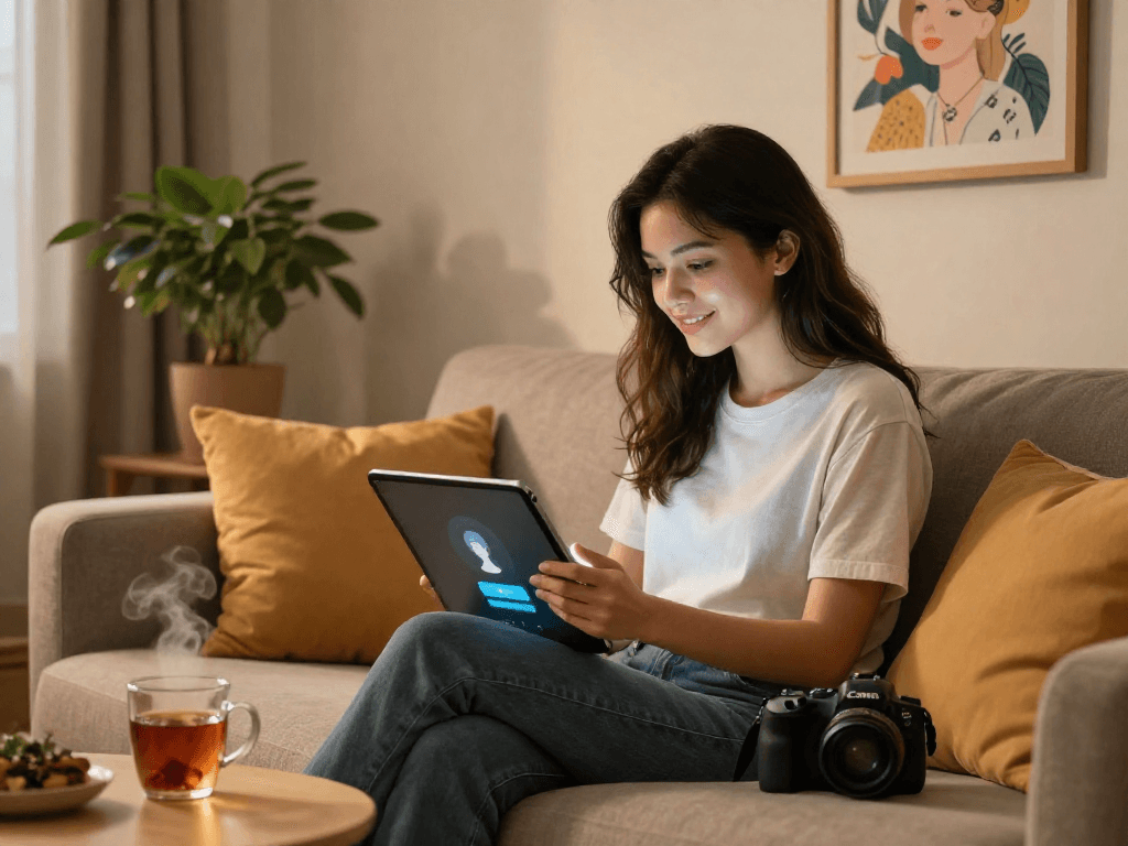 Young woman exploring her AI girlfriend app in a cozy living room environment, showcasing modern lifestyle.