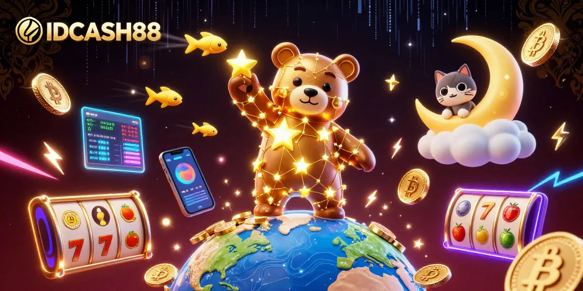 Engage in thrilling slot adventures with IDCASH88's vibrant casino illustration featuring cosmic elements.