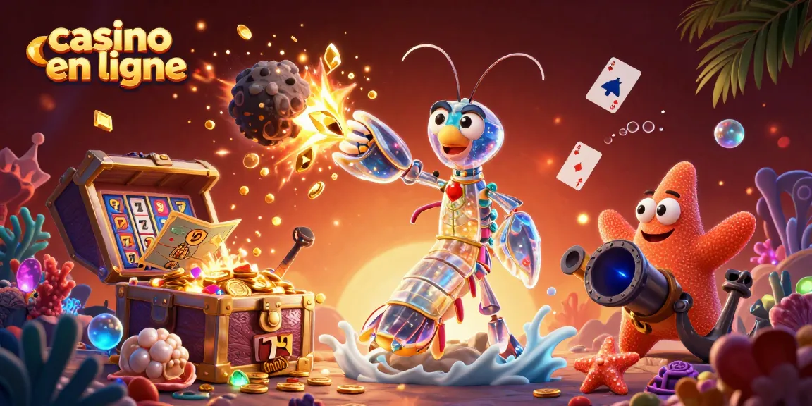 Accédez à des jeux de casino en ligne captivants avec cette illustration dynamique représentant un samouraï mantis et une étoile de mer.