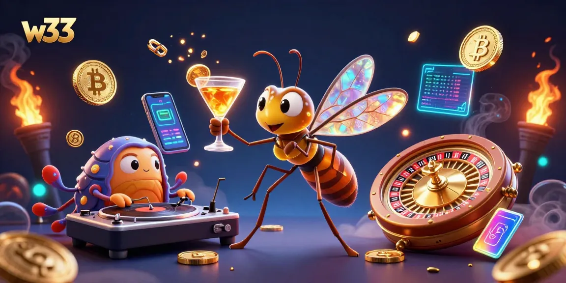 Experience exciting W33 pokies with vibrant casino-themed characters and vivid game elements.