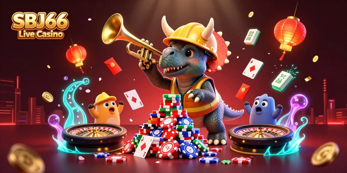 Engage with SBJ66 Live Casino as fun cartoon characters celebrate with poker chips and casino elements in a vibrant scene.