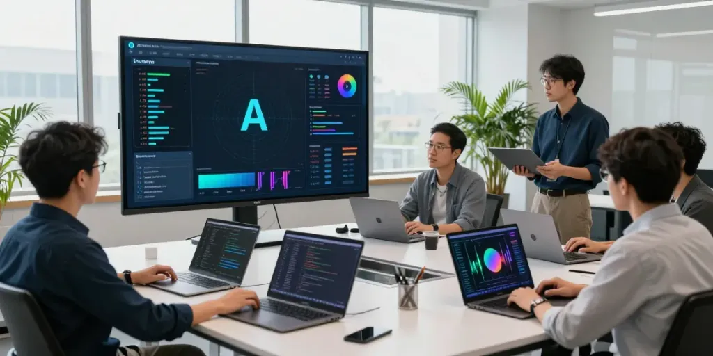 Team collaborating on AI Token Economy analytics in modern workspace