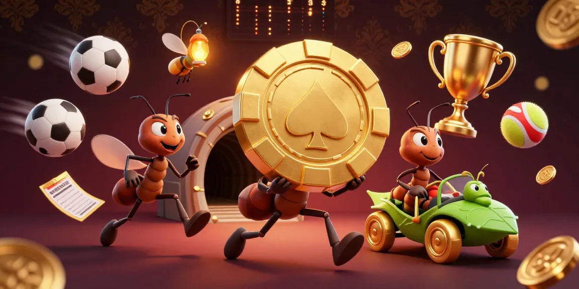 Engage with the thrilling heist as QS88's team of ants carries a giant poker chip, surrounded by vibrant casino elements.
