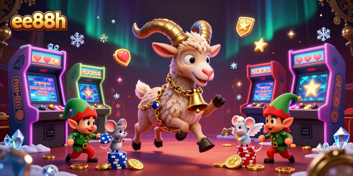 Experience thrilling fun at ee88h with a Krampus goat managing a vibrant casino scene filled with games and mischievous elves.