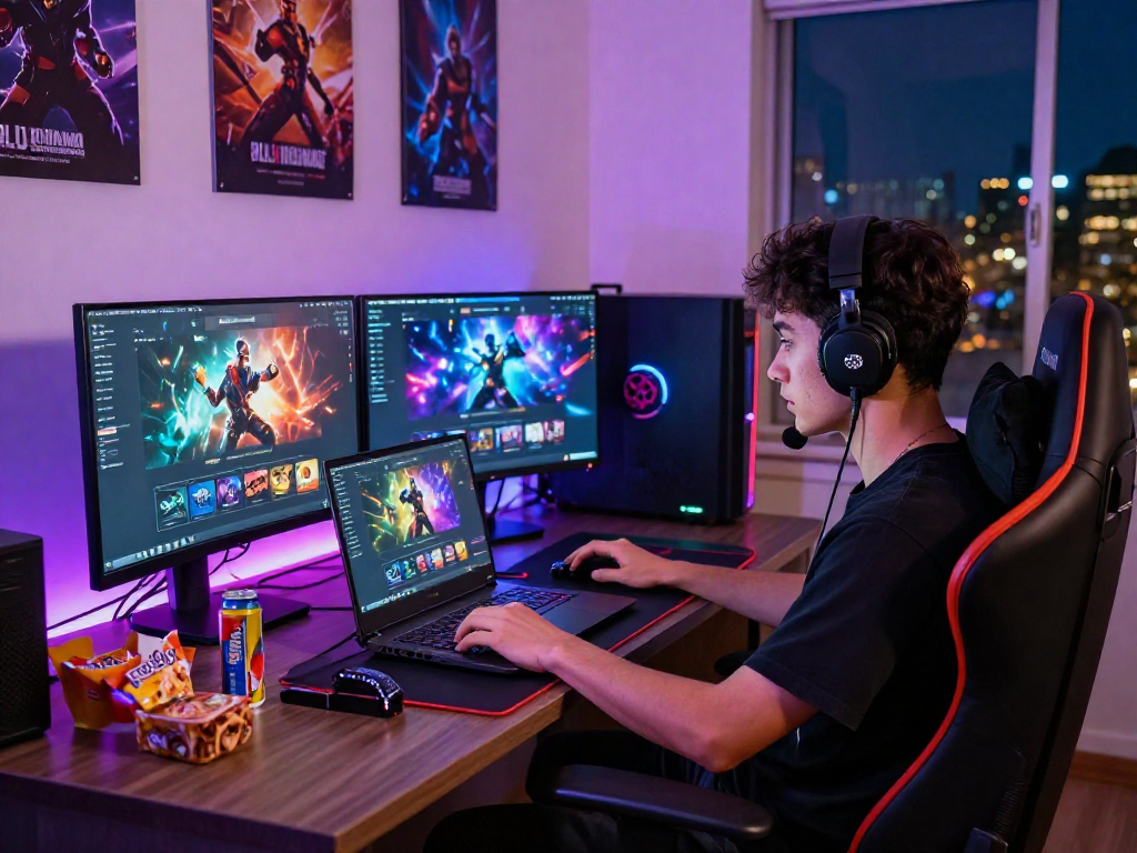 Gamer using Rajagacor88 platform on high-end laptop during vibrant gaming session.