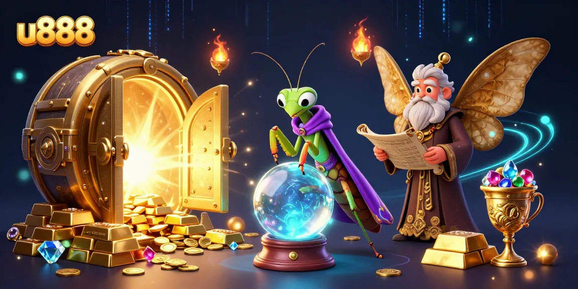 Engage with the u888 casino universe, featuring rich treasures and mystical characters in an animated scene.