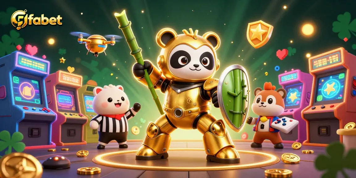 Experience vibrant gameplay at fabet with a golden panda piloting a unique robot, showcasing the best in casino fun.