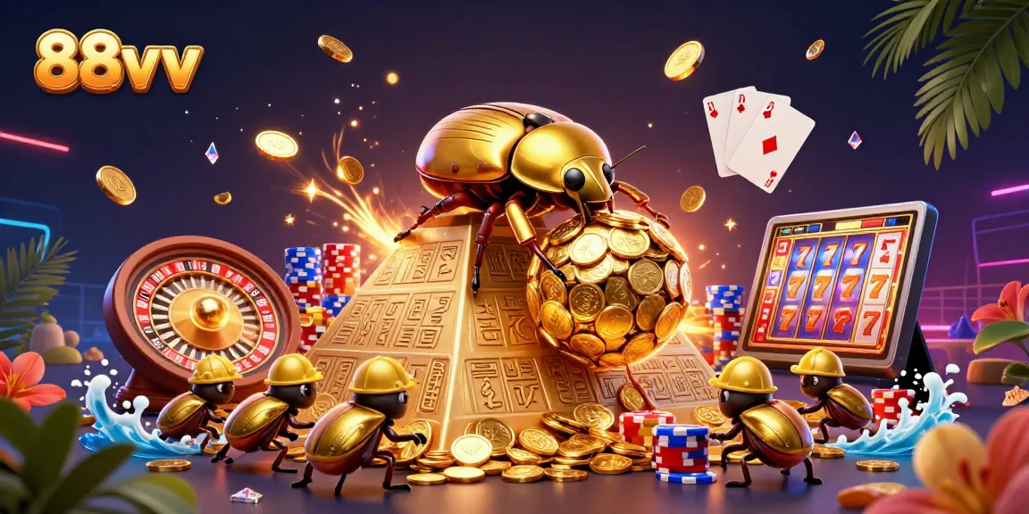 Play exciting games with 88vv featuring golden beetles and casino symbols in a vibrant 3D scene.