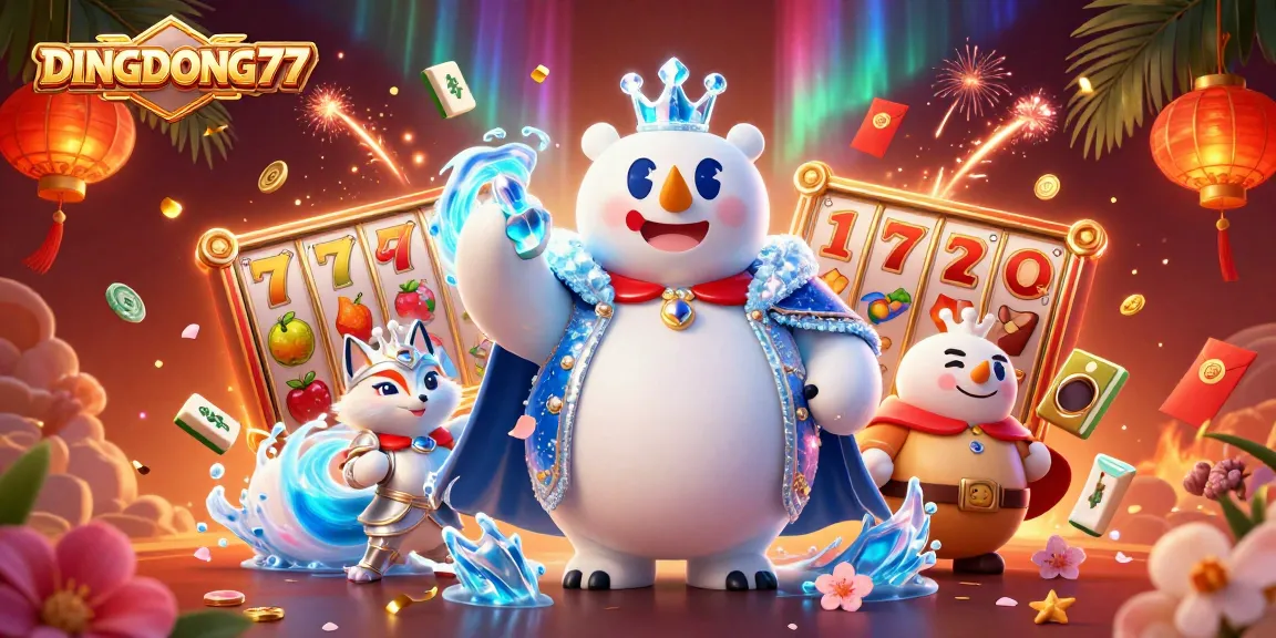 DINGDONG77 showcases a lively scene with a polar bear and fox, surrounded by vibrant 3D slot elements and casino symbols.