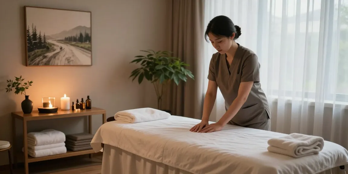 마사지 테라피를 위한 아늑한 스파 룸의 모습, 편안한 분위기와 자연광으로 휴식을 제공합니다.