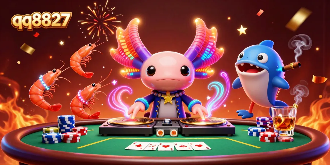 Experience an exciting moment with qq8827 featuring a neon axolotl DJ and vibrant casino elements.