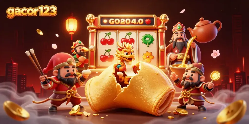 Experience the thrill of gacor123 with a vibrant 3D illustration featuring a golden fortune cookie and dynamic slot symbols in action.