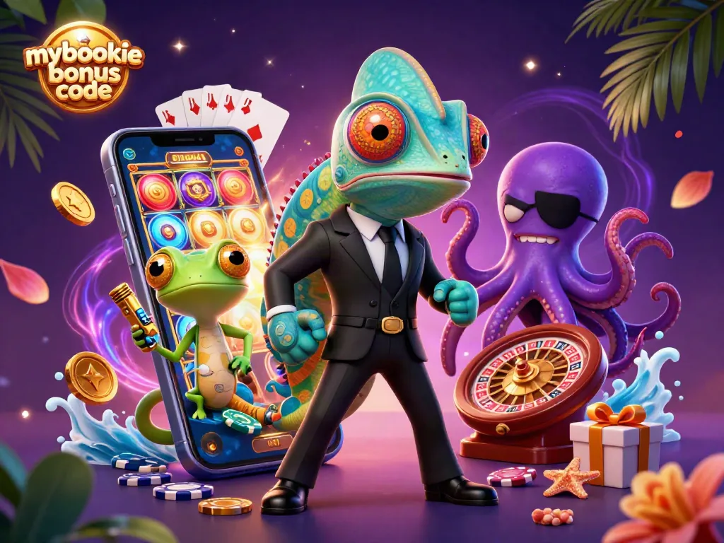 Engage with the mybookie bonus code featuring a chameleon, gecko, and octopus in a vibrant casino scene.