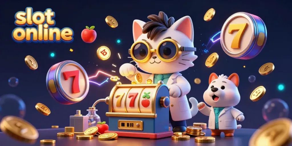 Experience the thrilling world of slot online with a mad scientist cat mastering coin generation amidst vibrant slot elements.