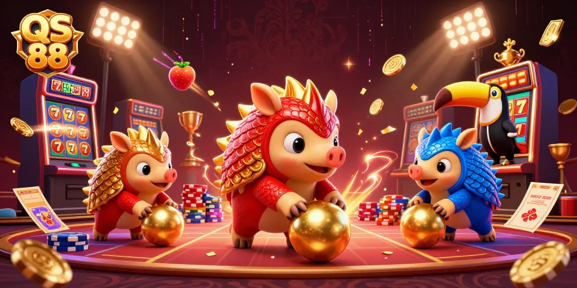 Engage with QS 88 in an exciting illustrated scene of rival pangolins rolling through chips and slots.