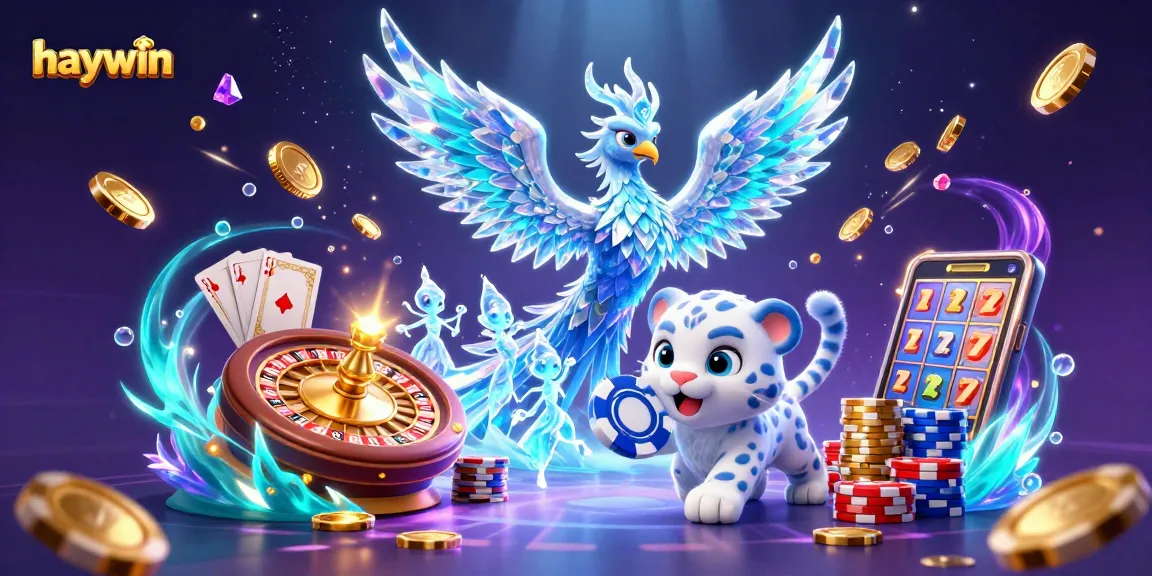 Experience thrilling wins at Haywin with an enchanting ice phoenix and playful characters in a vibrant casino setting.