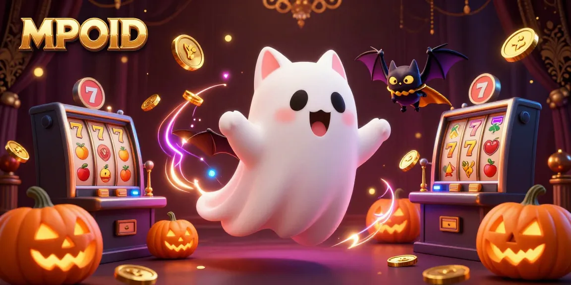 Engage with MPOID's ghost cat in a haunted casino, surrounded by dynamic slot game elements.