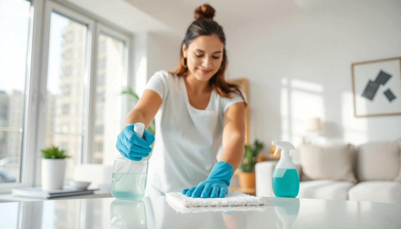 Engaging in bond cleaning, a professional cleaner showcases reliable service in a bright apartment.